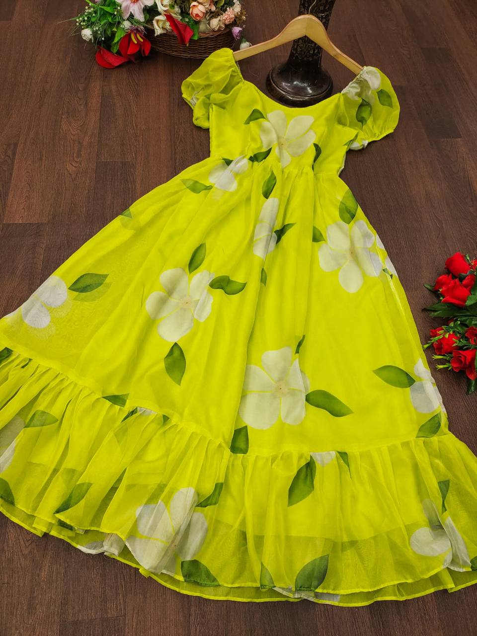 MK Neon Floral Maxi Organza Printed Designer Gown Catalog